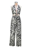 Black Sexy Casual Print Lace Up Backless Halter Sleeveless Two Pieces