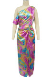 Pink Celebrities Print High Slit Ruched Patchwork Oblique Collar Long Dresses