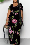 Turquoise Casual Street Floral Print Pocket Contrast V Neck Printed Dresses