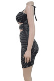 Black Sexy Hollow Out Backless Hot Drill Patchwork Spaghetti Strap Wrapped Skirt Dresses