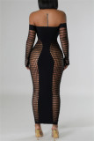 Black Sexy Solid Color Hollow Out See-Through Backless Off Shoulder Long Dresses