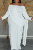 White Casual Solid Color Ruched Patchwork Off Shoulder Long Plus Size Dresses