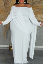 White Casual Solid Color Ruched Patchwork Off Shoulder Long Plus Size Dresses