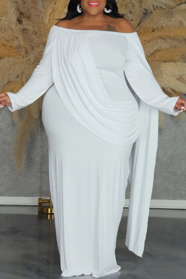 White Casual Solid Color Ruched Patchwork Off Shoulder Long Plus Size Dresses