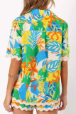 Green Casual Print Buckle Patchwork Turndown Collar Half Sleeve Two Pieces