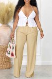 Khaki Casual Solid Color Straight High Waist Conventional Solid Color Trousers