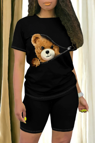 Black Casual Cartoon Print Letter Print O Neck Short Sleeve Two Pieces