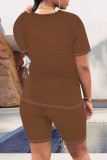 Apricot Casual Cartoon Print O Neck Short Sleeve Two Pieces