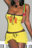 Yellow Sexy Digital Strap Design Patchwork Strapless Sleeveless Two Pieces