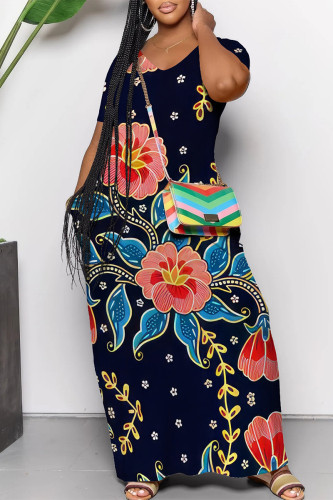 Black Red Casual Street Floral Print Pocket Contrast V Neck Printed Dresses