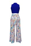 Colorful Blue Casual Print Hollow Out Half A Turtleneck Sleeveless Two Pieces