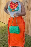 Orange Casual Fringed Trim Lace Up Backless Halter Sleeveless Two Pieces