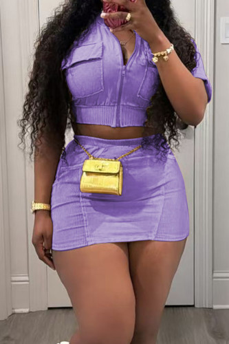 Purple Casual Solid Color Pocket Zipper Patchwork Zipper Collar Short Sleeve Two Pieces