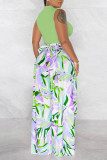 Colorful Blue Casual Print Hollow Out Half A Turtleneck Sleeveless Two Pieces
