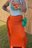 Orange Casual Fringed Trim Lace Up Backless Halter Sleeveless Two Pieces