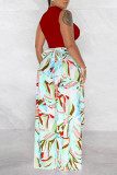 Colorful Blue Casual Print Hollow Out Half A Turtleneck Sleeveless Two Pieces