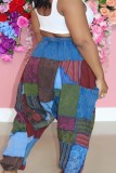 Blue Casual Irregular Printed Pocket Patchwork Regular High Waist Full Print Trousers