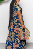 Turquoise Casual Street Floral Print Pocket Contrast V Neck Printed Dresses