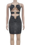 Black Sexy Hollow Out Backless Hot Drill Patchwork Spaghetti Strap Wrapped Skirt Dresses