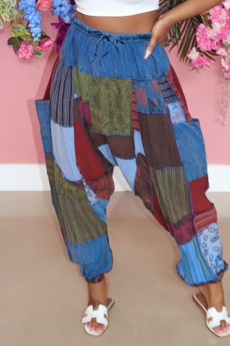 Blue Casual Irregular Printed Pocket Patchwork Regular High Waist Full Print Trousers