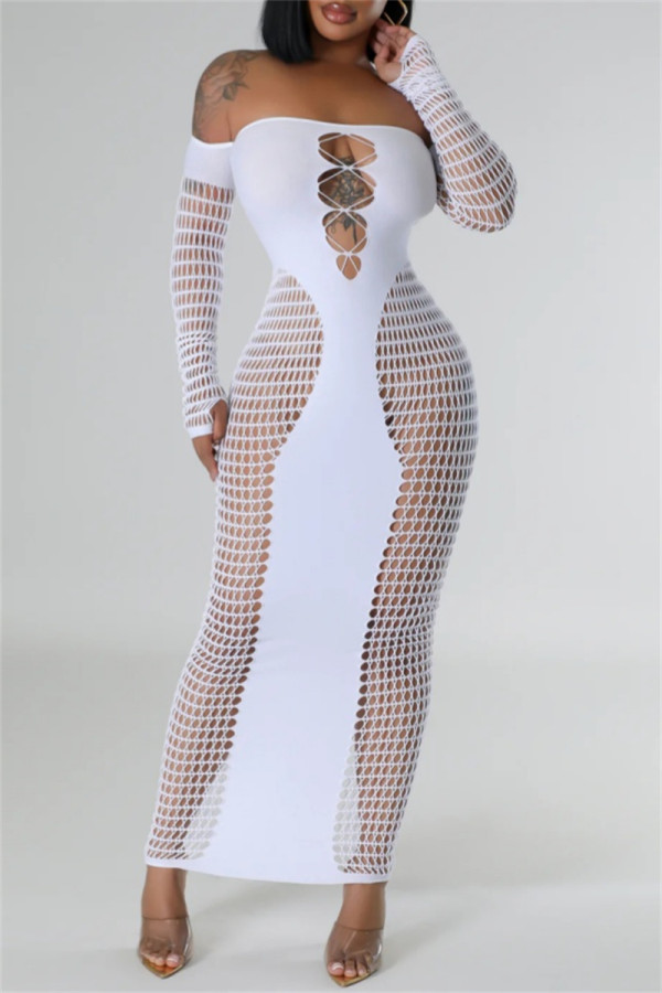 White Sexy Solid Color Hollow Out See-Through Backless Off Shoulder Long Dresses