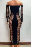 Black Sexy Solid Color Hollow Out See-Through Backless Off Shoulder Long Dresses