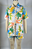 Green Casual Print Buckle Patchwork Turndown Collar Half Sleeve Two Pieces