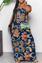 Navy Blue Casual Street Floral Print Pocket Contrast V Neck Printed Dresses