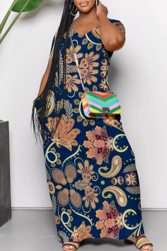 Navy Blue Casual Street Floral Print Pocket Contrast V Neck Printed Dresses