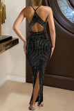 Black Celebrities Hollow Out Backless Slit Hot Drill Patchwork Spaghetti Strap Long Dresses