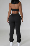 Black Street Print Pocket Lace Up Patchwork U Neck Sleeveless Two Pieces