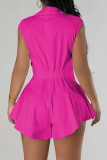 White Street Solid Patchwork Buckle Turndown Collar Loose Cargo Rompers