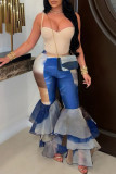 Blue White Street Print Patchwork Ruffle Hem Boot Cut Mid Waist Speaker Full Print Bottoms