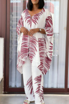 White Casual Print Buckle Patchwork V Neck Long Sleeve Two Pieces