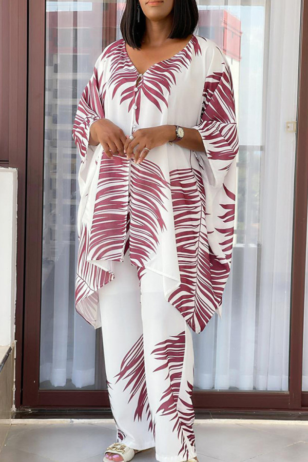 White Casual Print Buckle Patchwork V Neck Long Sleeve Two Pieces