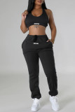 Black Street Print Pocket Lace Up Patchwork U Neck Sleeveless Two Pieces