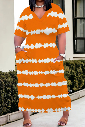 Orange Casual Daily Striped Print Pocket Contrast V Neck Printed Plus Size Dresses