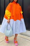 Orange Yellow Casual Patchwork Contrast Turndown Collar Shirt Dresses