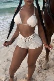 Cream White Sexy Solid Color Hollow Out Lace Up Backless Swimwears