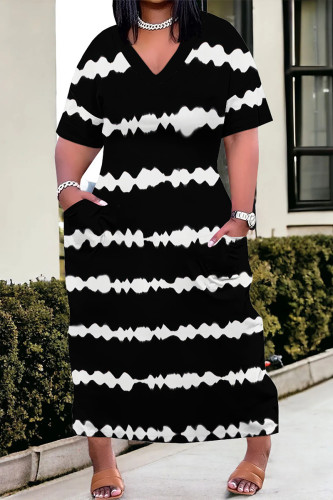 Black Casual Daily Striped Print Pocket Contrast V Neck Printed Plus Size Dresses