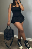 Black Sexy Solid Color Ruched Patchwork Spaghetti Strap Sleeveless Two Pieces