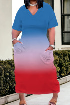 Blue Pink Casual Gradient Color Pocket Patchwork V Neck Straight Plus Size Dresses