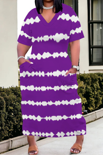 Purple Casual Daily Striped Print Pocket Contrast V Neck Printed Plus Size Dresses