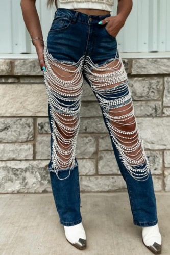 Deep Blue Casual Patchwork Ripped Chains Mid Waist Straight Denim Jeans