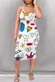 White Casual Daily Graffiti Print Lips Print U Neck Printed Dresses