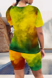Green Yellow Casual Daily Gradient Print Contrast O Neck Short Sleeve Two Pieces