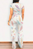 White Grey Casual Daily Geometric Print Pocket Contrast O Neck Short Sleeve Two Pieces