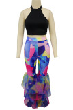 Blue White Street Print Patchwork Ruffle Hem Boot Cut Mid Waist Speaker Full Print Bottoms