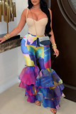 Blue White Street Print Patchwork Ruffle Hem Boot Cut Mid Waist Speaker Full Print Bottoms