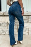 Deep Blue Casual Patchwork Ripped Chains Mid Waist Straight Denim Jeans